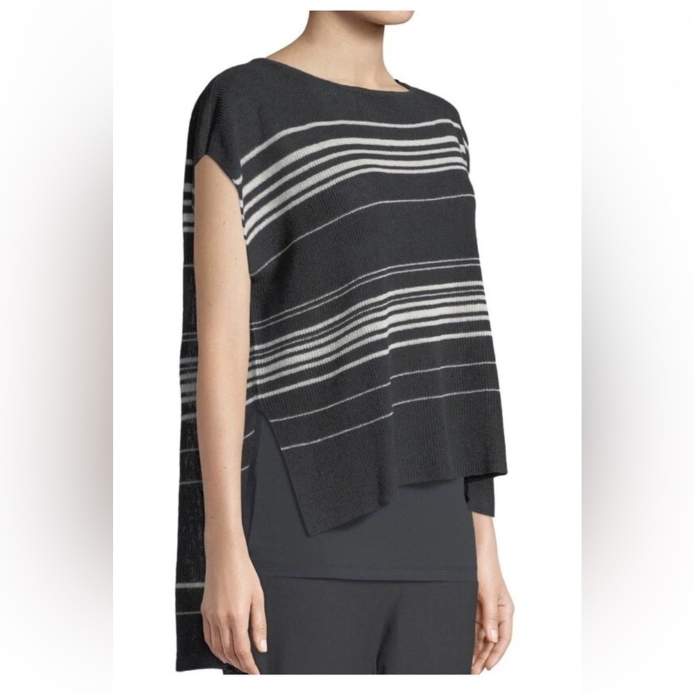 Eileen Fisher Fine Linen Crepe Knit Poncho Top Graphite/Bone Sz M High Low Hem